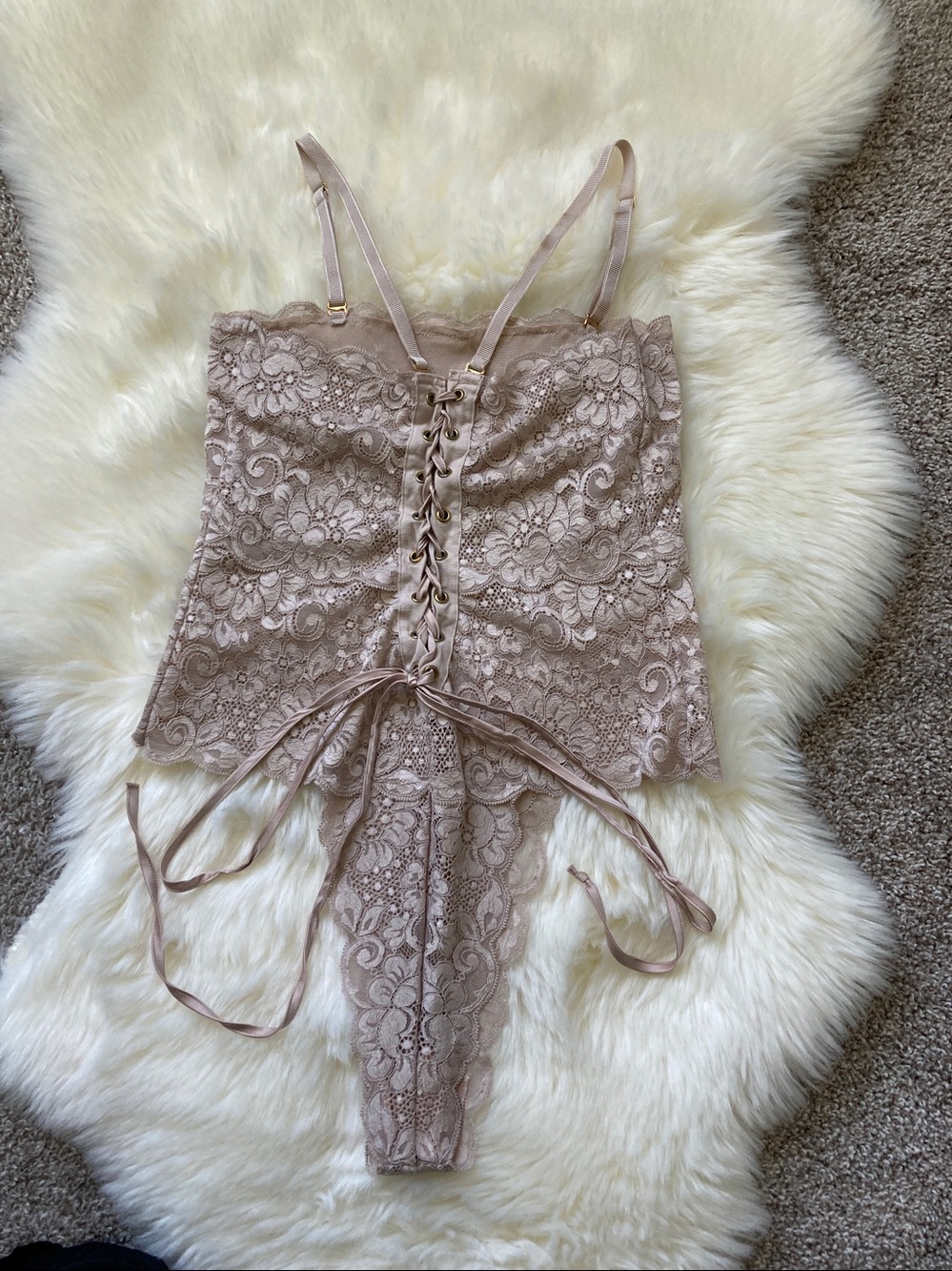 HAH Spinster Reversible Lace Bodysuit Stretch Thong Square neck Deep V Boho Sz M
